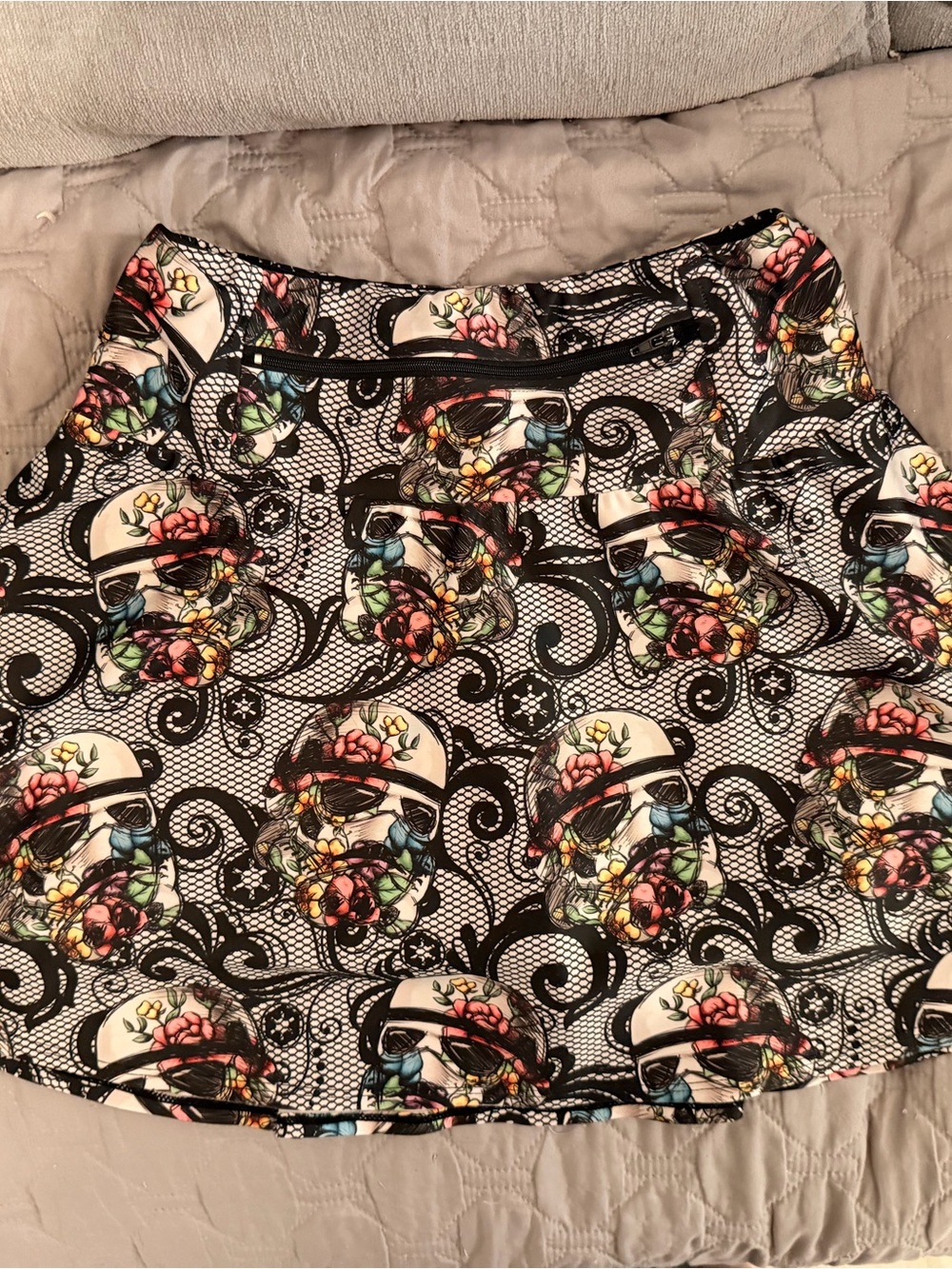 Floral Skull Print Skater Skirt - Black & Multicolor
